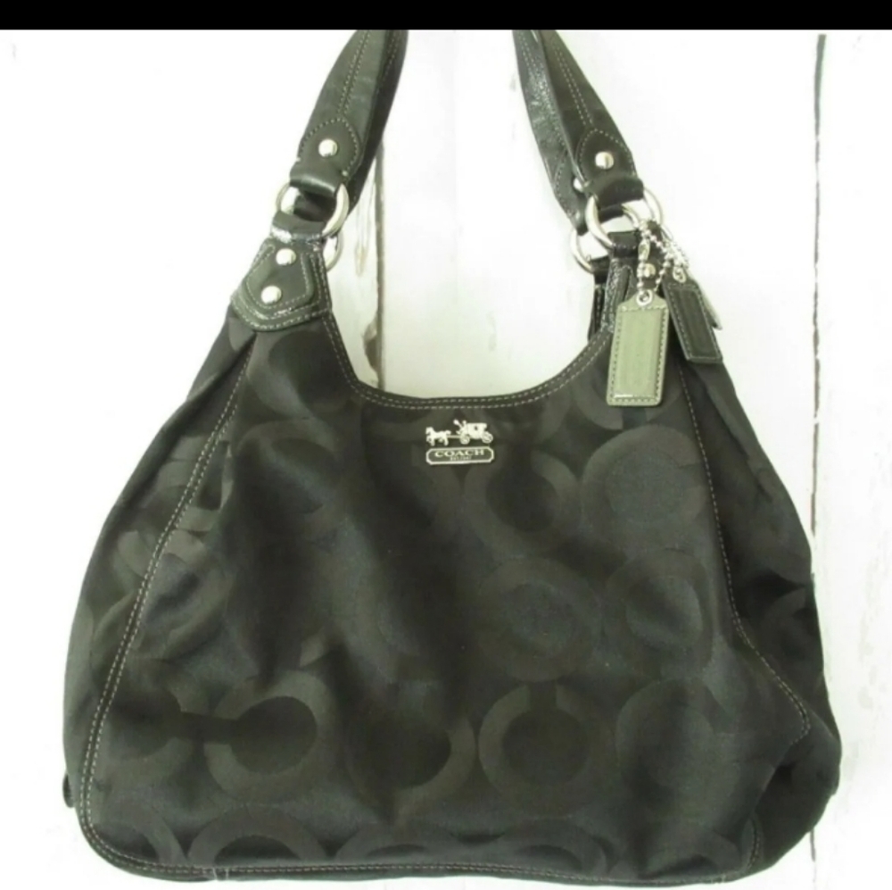 Coach Black/Gold Tone Hardware Madison Fabric Leather Trim Hobo Shoulder Bag💗